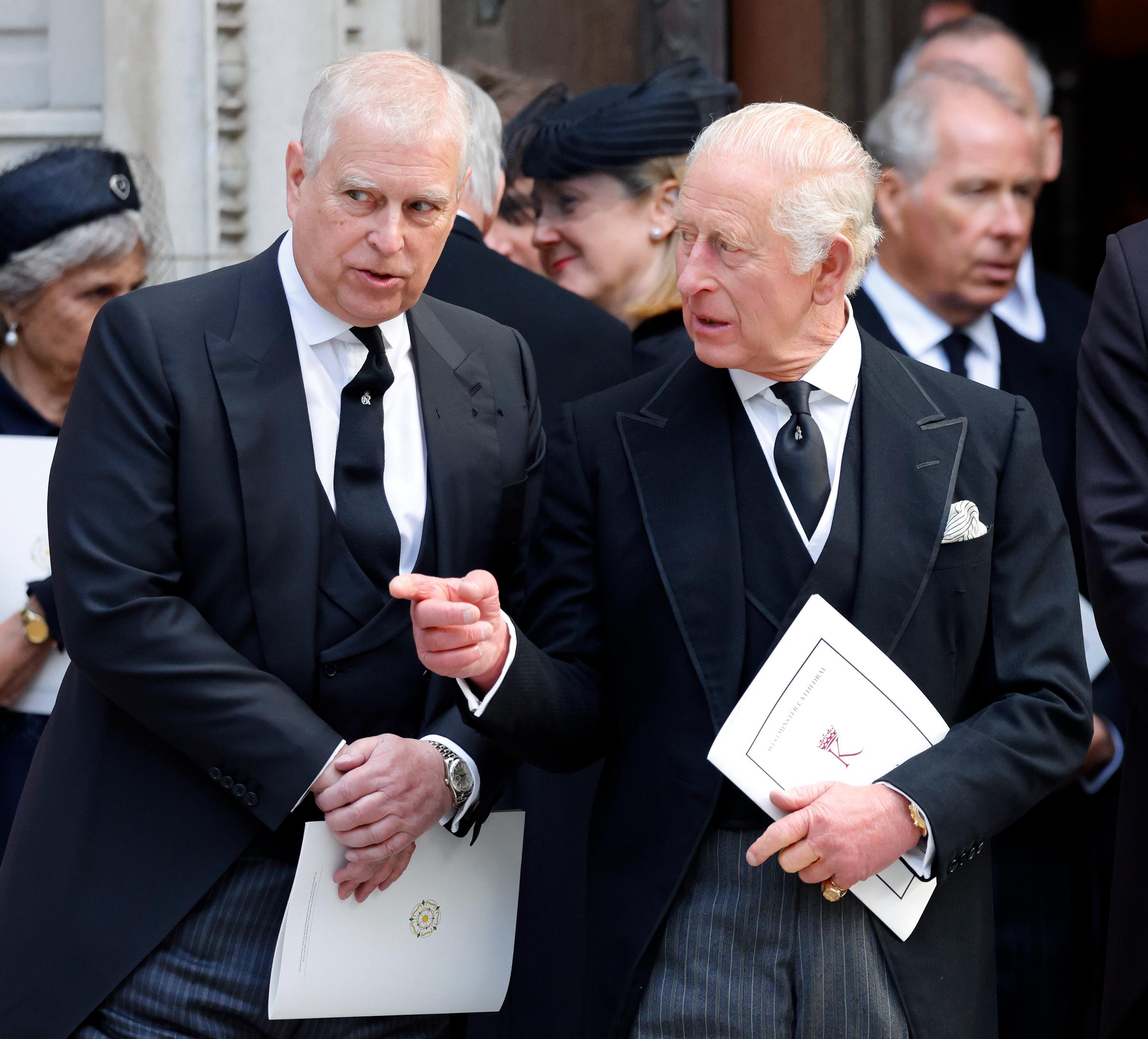 Andrew Mountbatten-Windsor and King Charles attend Katharine, Duchess of Kent's Requiem Mass service at Westminster Cathedral on September 16, 2025, in London, England | Source: Getty Images
