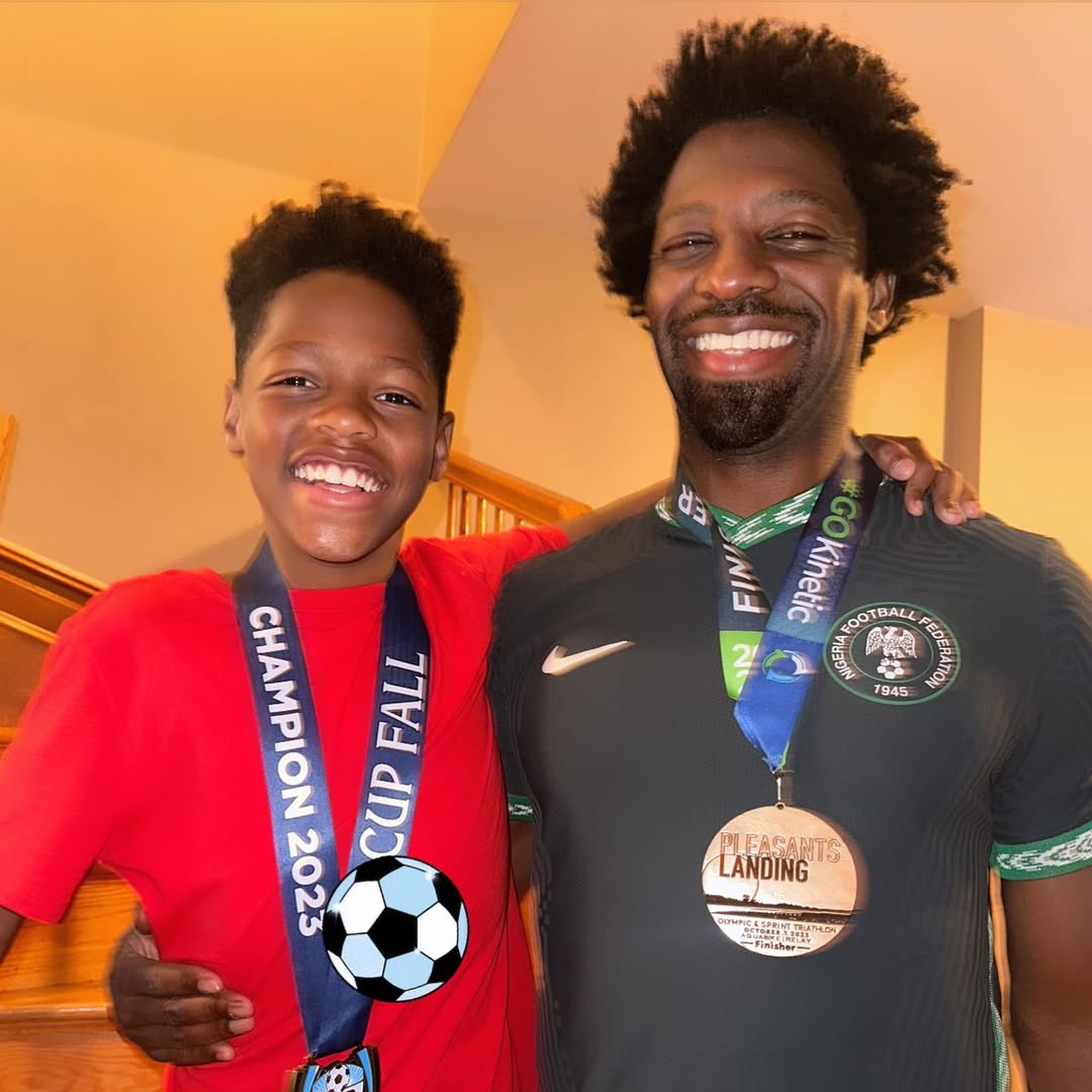 Uche Ojeh and his son, Uche smile at the camera as father and son each wear a medal, from a post dated October 10, 2023. | Source: Instagram/sheinelle_o