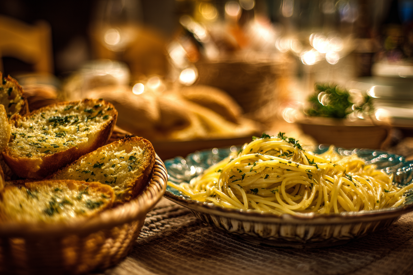 Home-made spaghetti and garlic bread served on a dinner table at home | Source: Midjourney