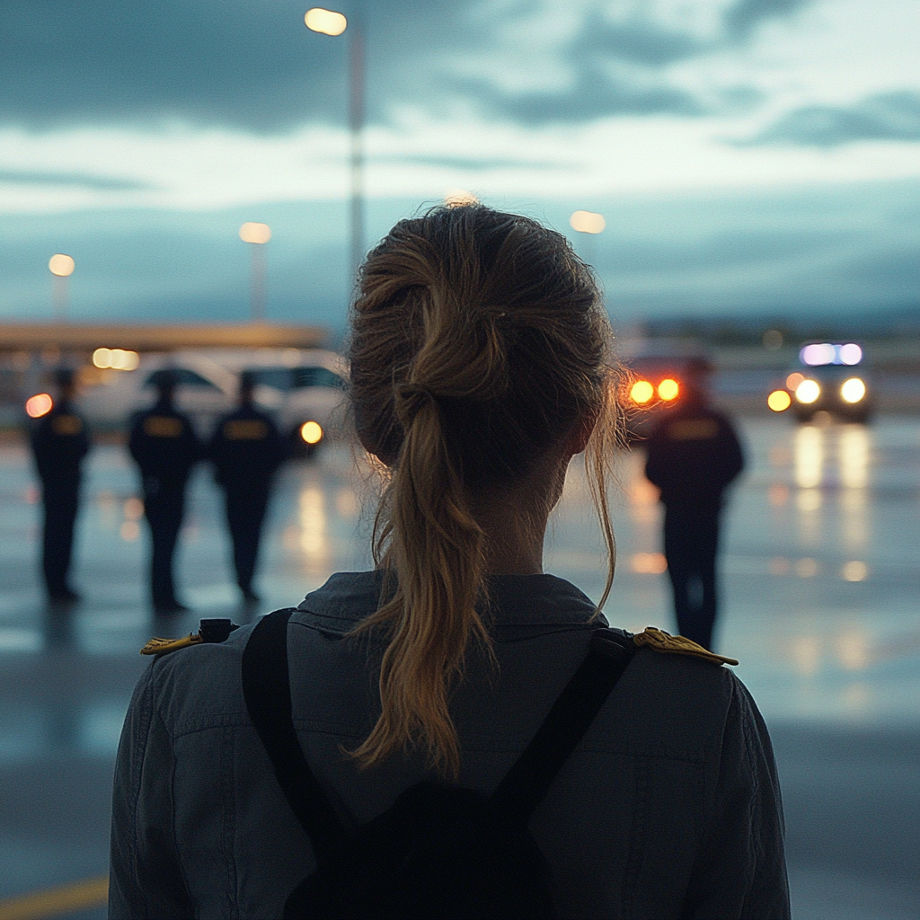 The woman watches as the parents are escorted by airport security. | Source: Midjourney