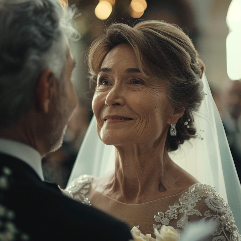 An older woman smiling at her wedding | Source: Midjourney