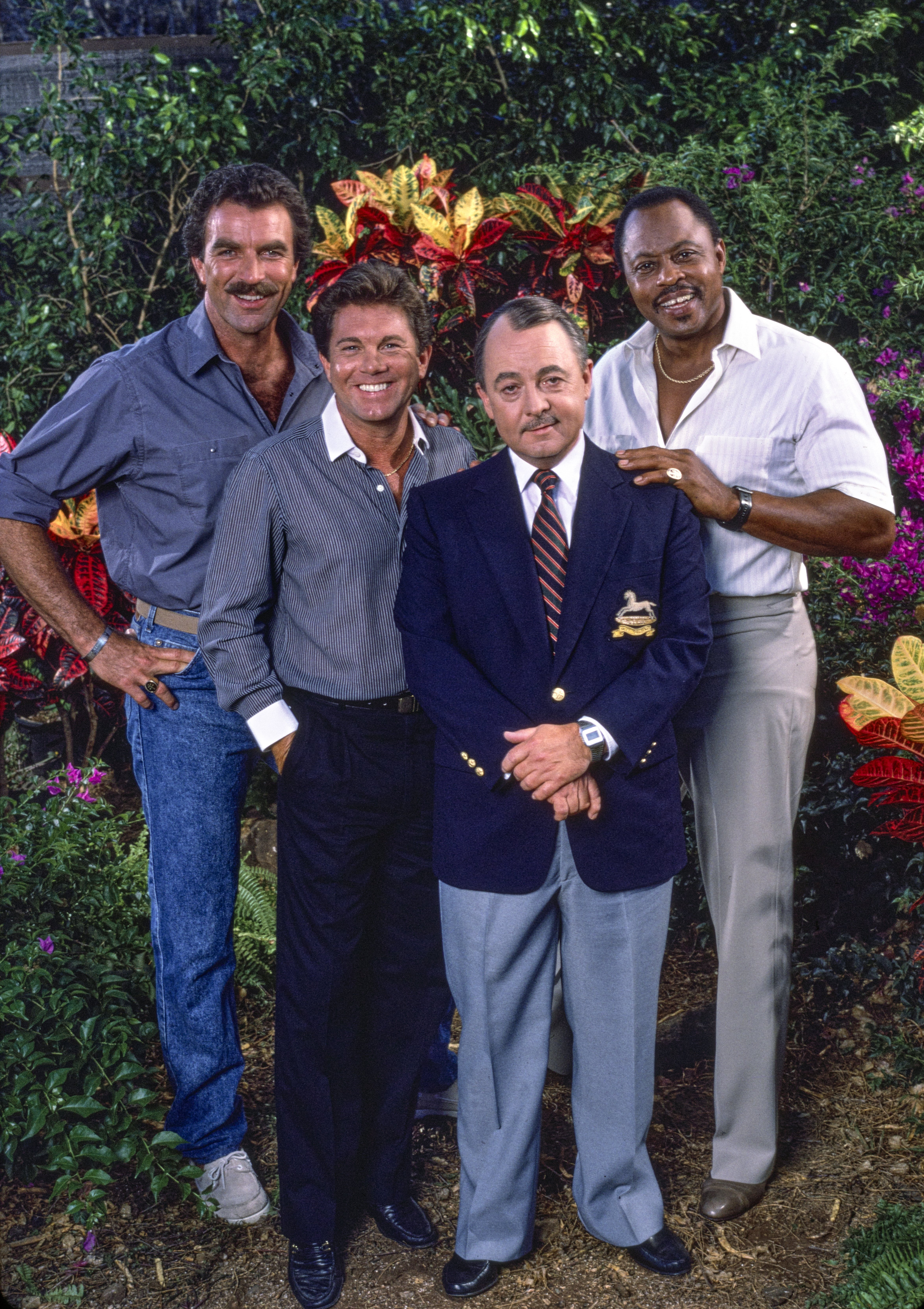 Tom Selleck (as Magnum), Larry Manetti (as Orville 'Rick' Wright), John Hillerman (as Higgins) and Roger E. Mosley (as Theodore 'TC' Calvin) in the CBS television show "Magnum P.I" | Source: Getty Images