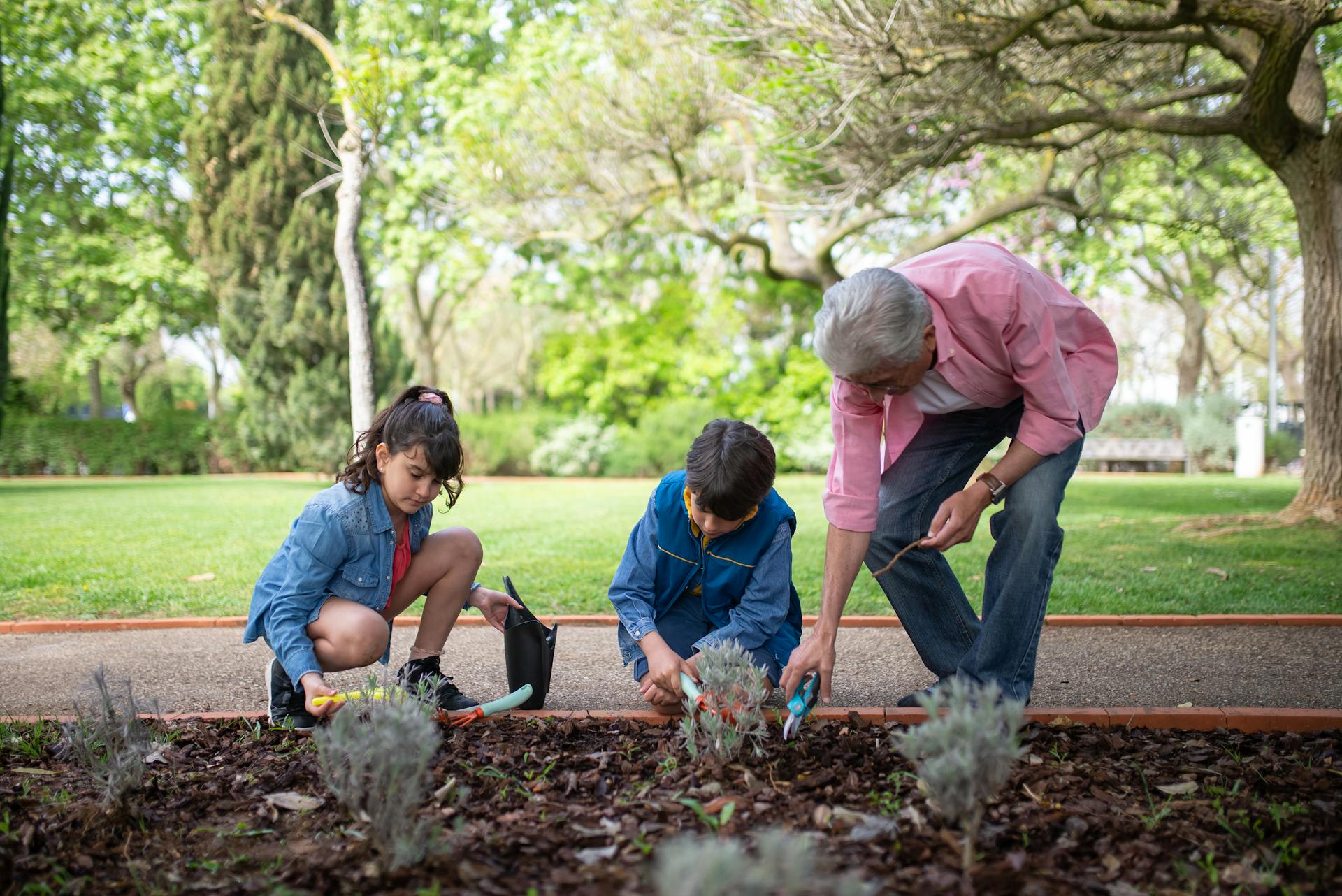 Man and two kids planting trees in a garden | Source: Pexels