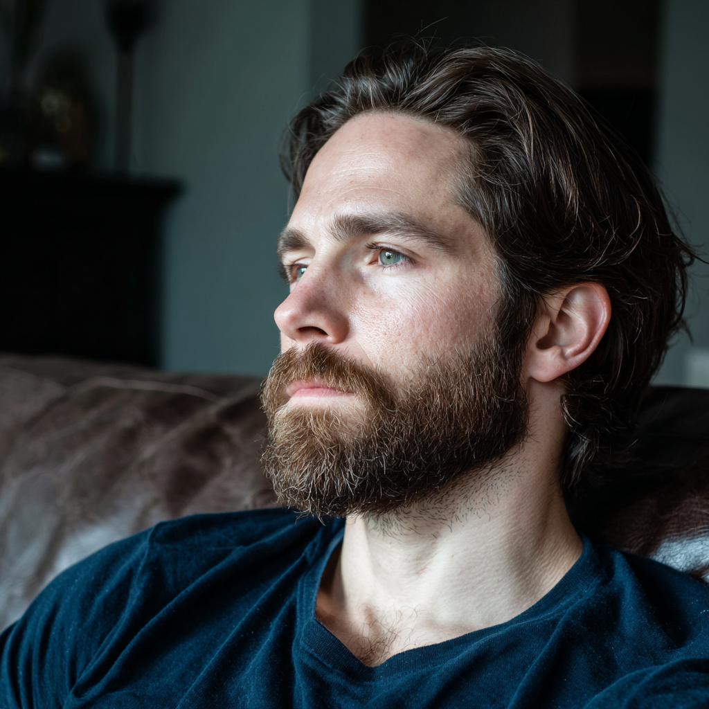 A close-up of a man in a navy t-shirt | Source: Midjourney