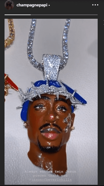 One of the "twin Jesus pieces" owned by Drake to honor Tupac Shakur, as he shared in social media in July 2020. I Image: Instagram/ @champagnepapi  