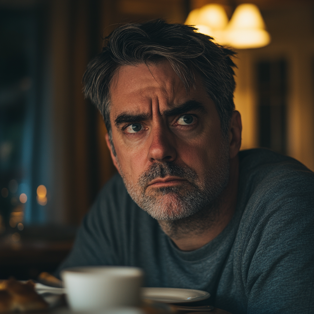 A man looks cold and serious while sitting at the dinner table | Source: Midjourney