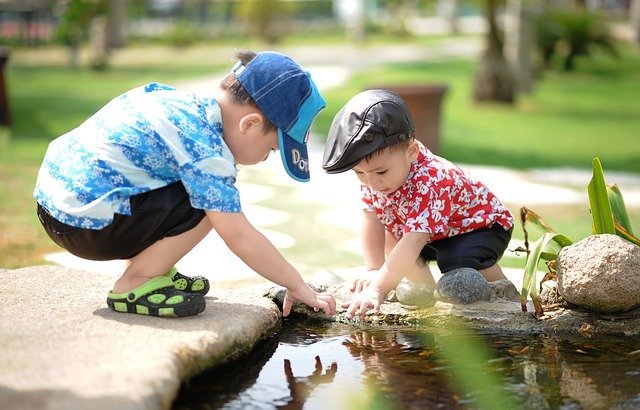 Deux garçons jouent près d'un étang | Photo : Pixabay