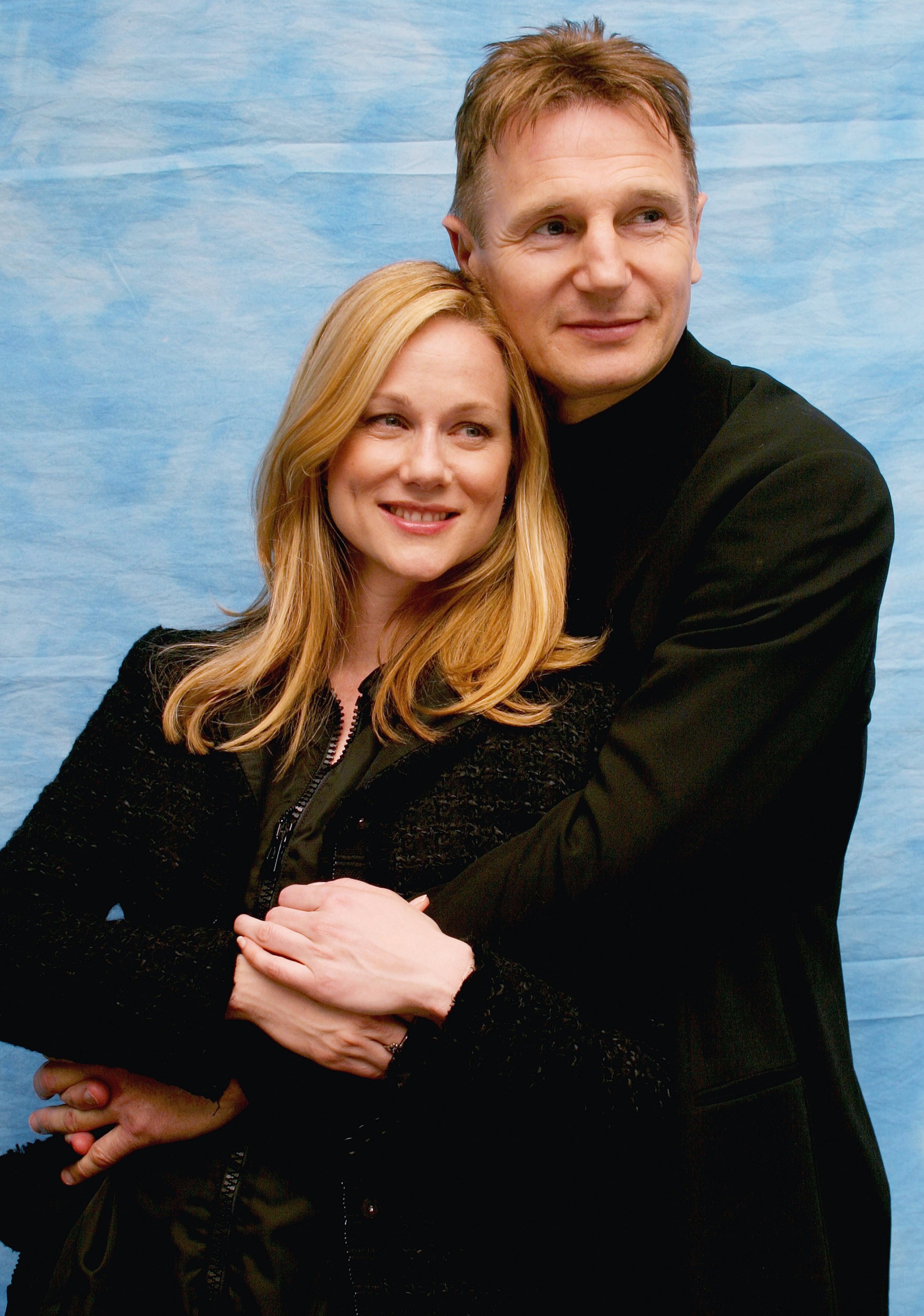 Laura Linney and Liam Neeson during a press conference for their film "Love Actually" at the Dorchester Hotel on October 10, 2003 in London, England. / Source: Getty Images