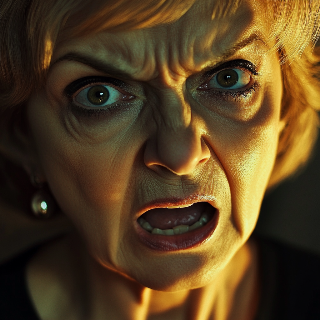 An angry senior woman yelling | Source: Midjourney