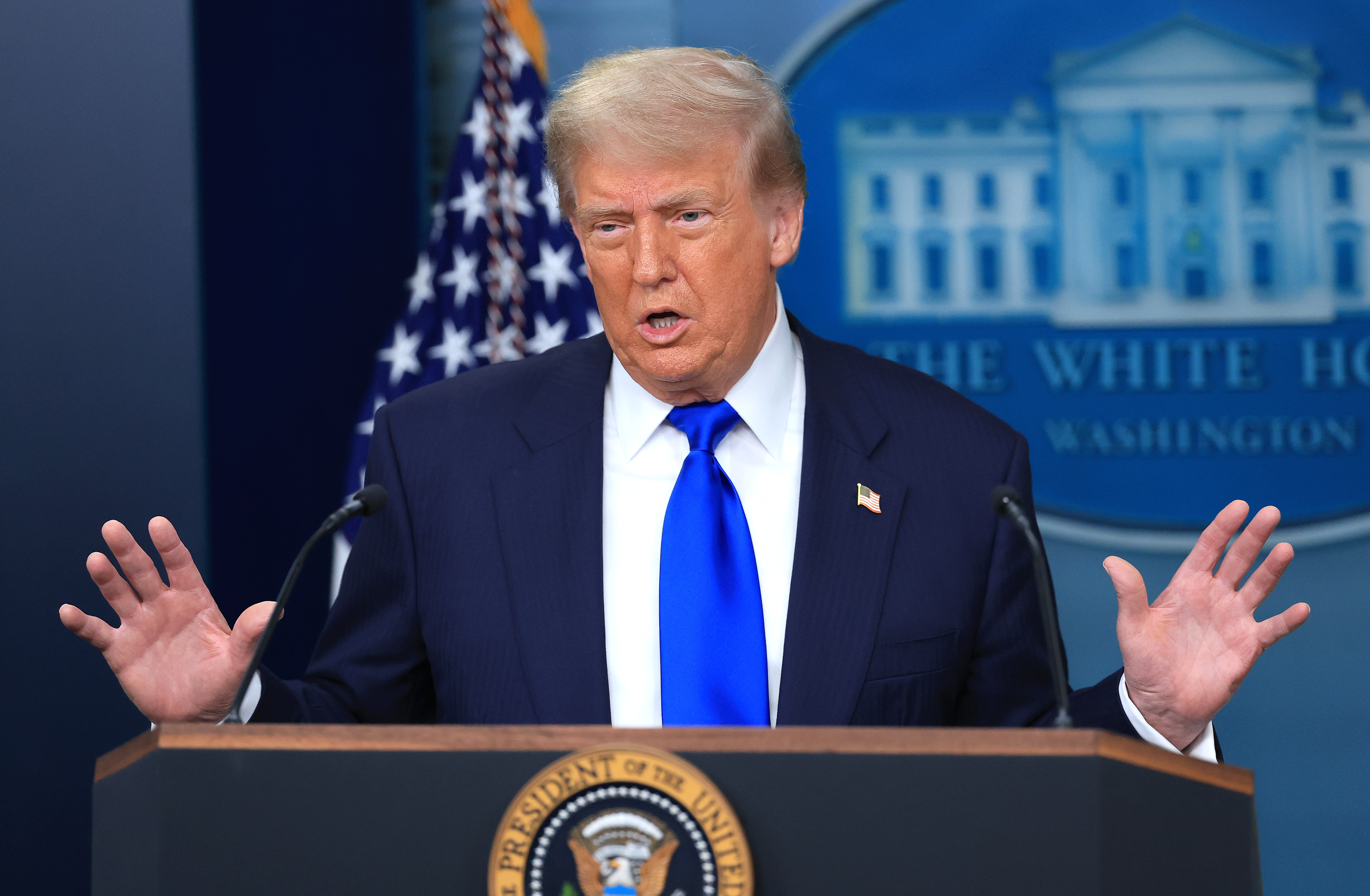 President Donald Trump answers questions during a press conference on recent Supreme Court rulings in the briefing room at the White House on June 27, 2025, in Washington, DC. | Source: Getty Images