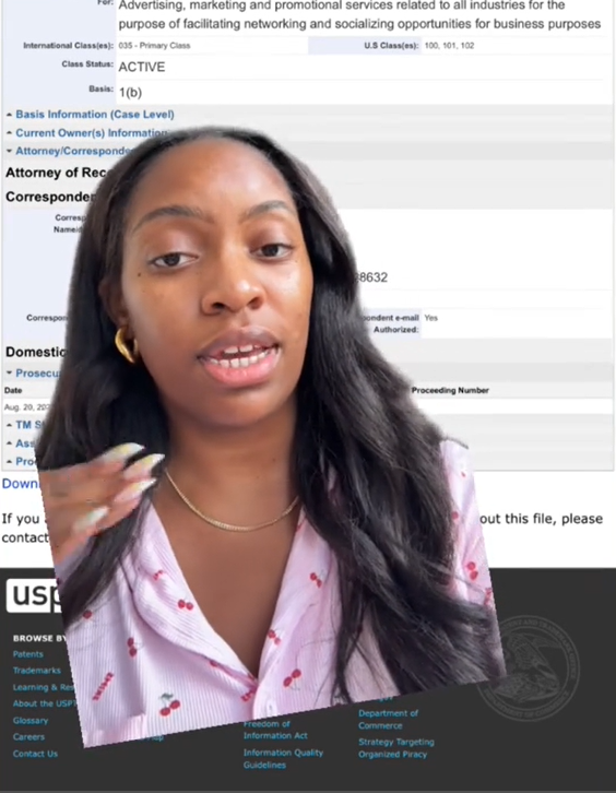 Screenshot of Ashley Nkadi's TikTok where she explains more about trademarking and Jools Lebron's situation | Source: TikTok/bellewoods