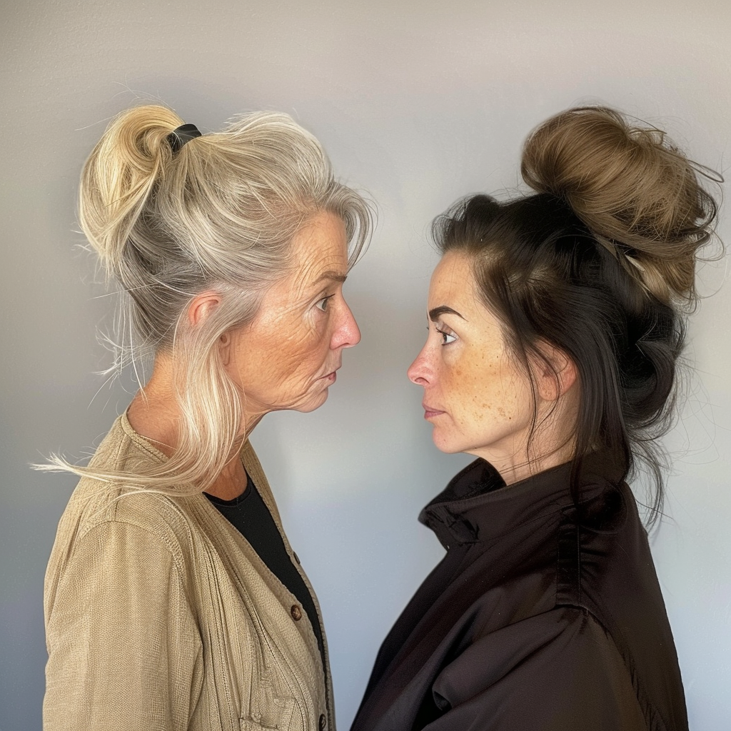 A blonde older woman in a staring match with a dark-haired younger woman | Source: Midjourney