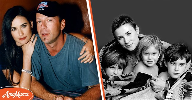 Former lovers Demi Moore and Bruce Willis in Paris, circa 1995. [Left] | Monochrome photo of Demi Moore hugging her kids. [Right] | Photo: Getty Images