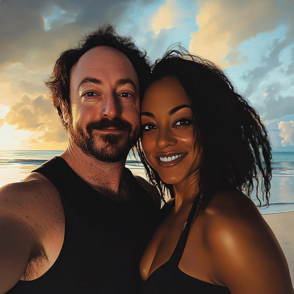 A couple taking a selfie at the beach | Source: Midjourney