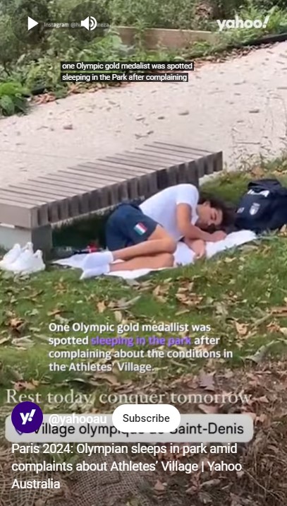 Thomas Ceccon sleeping outside the Paris Olympic Games Village in a post uploaded on August 5, 2024 | Source: YouTube/yahooau