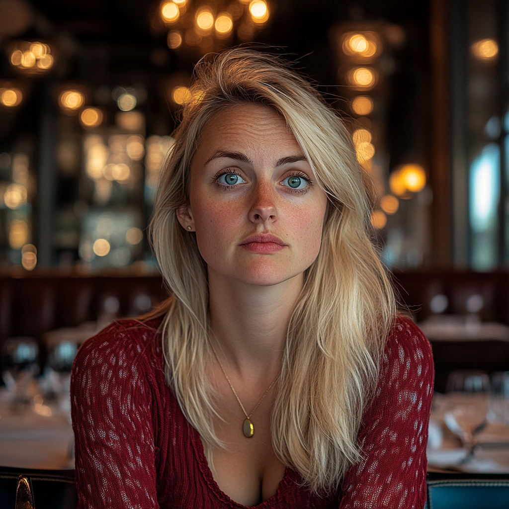 A woman looking at someone while sitting in an upscale restaurant | Source: Midjourney