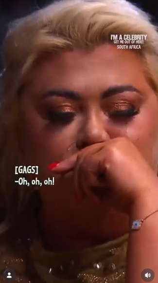 A close-up shot catches Gemma Collins mid-gag, fist raised to her mouth and eyes closed, as the on-screen caption delivers 