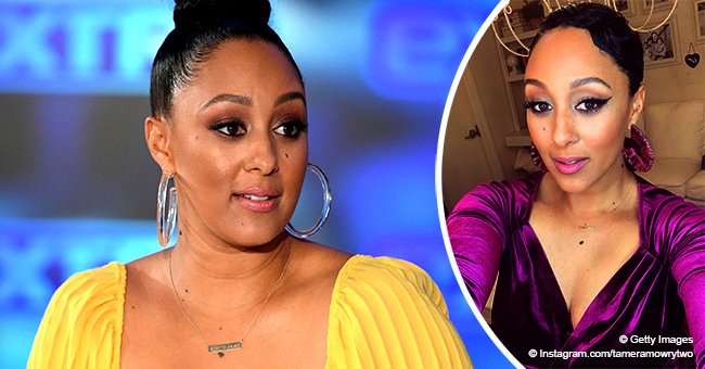 Tamera Mowry from 'The Real' Stuns in Purple Dress & Earrings as She ...