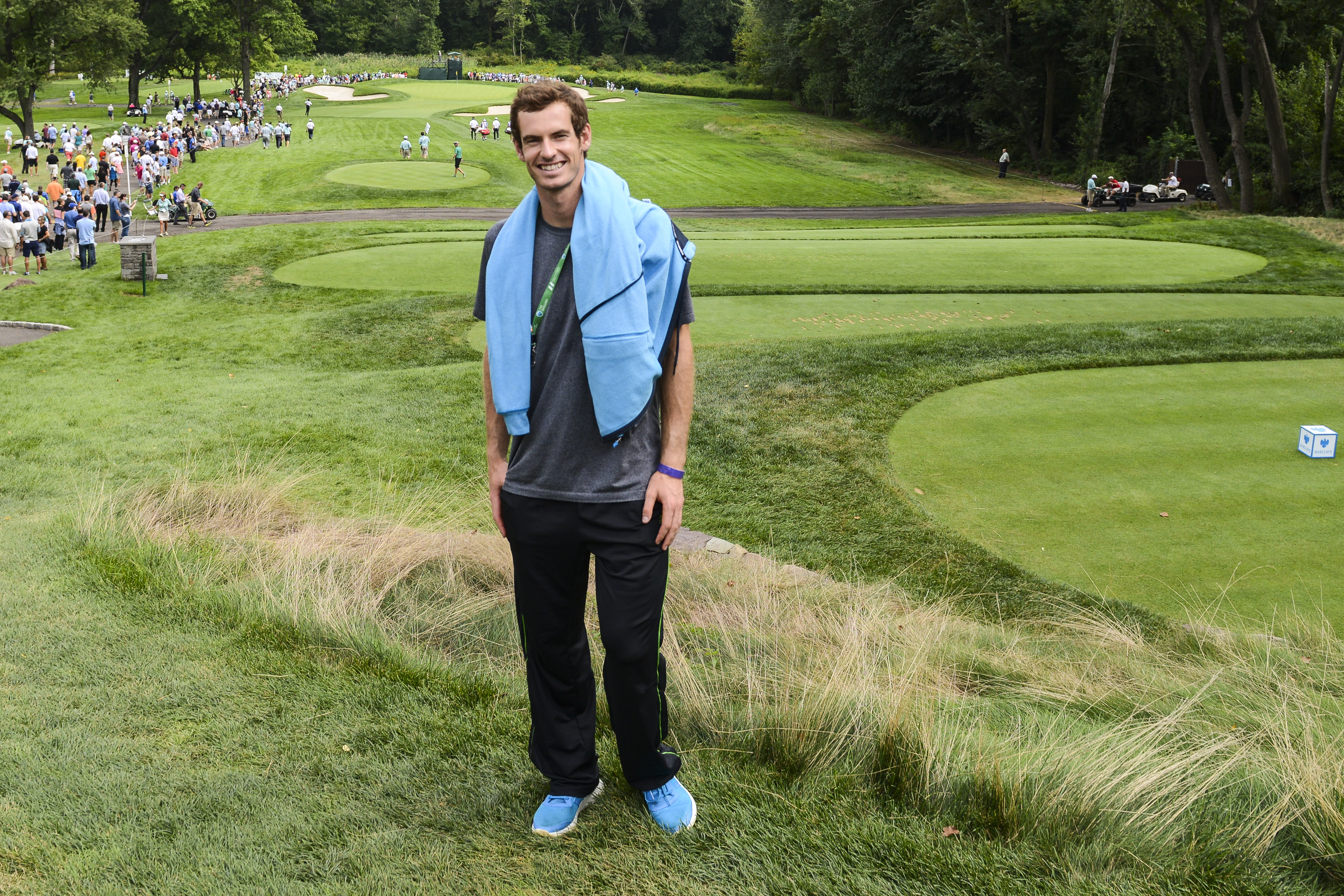 Andy Murray poses on the eighth hole green during the second round of The Barclays at Ridgewood Country Club on August 22, 2014 in Paramus, New Jersey | Source: Getty Images