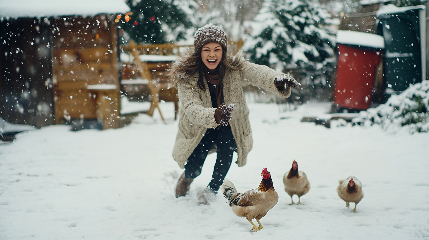 Woman chasing hens | Source: Midjourney