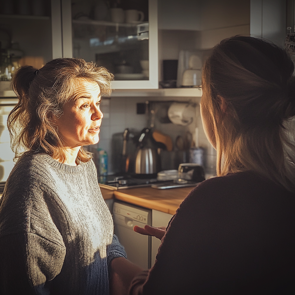 Two women talking in a kitchen | Source: Midjourney