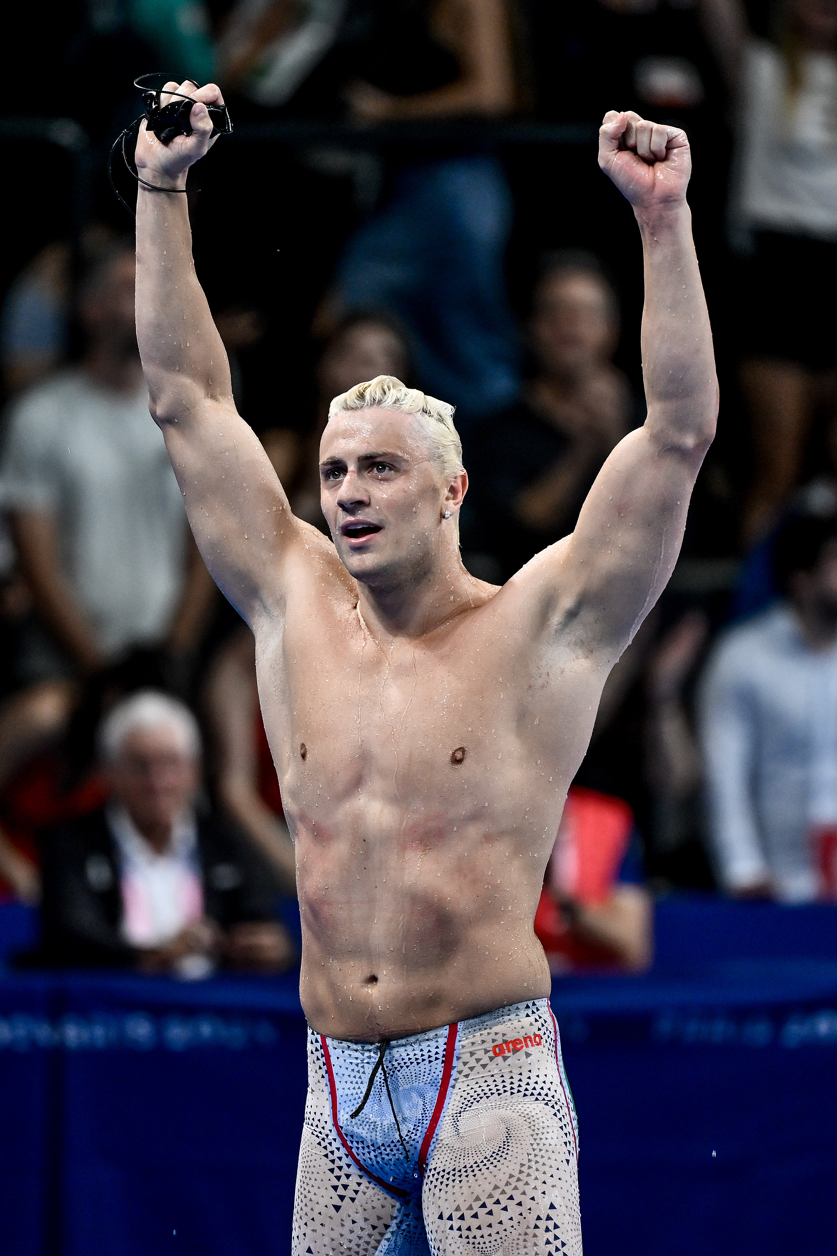 Nicolò Martinenghi after winning the gold medal in the Men's 100-meter Breaststroke Final during the Paris 2024 Olympic Games on July 28 in France. | Source: Getty Images