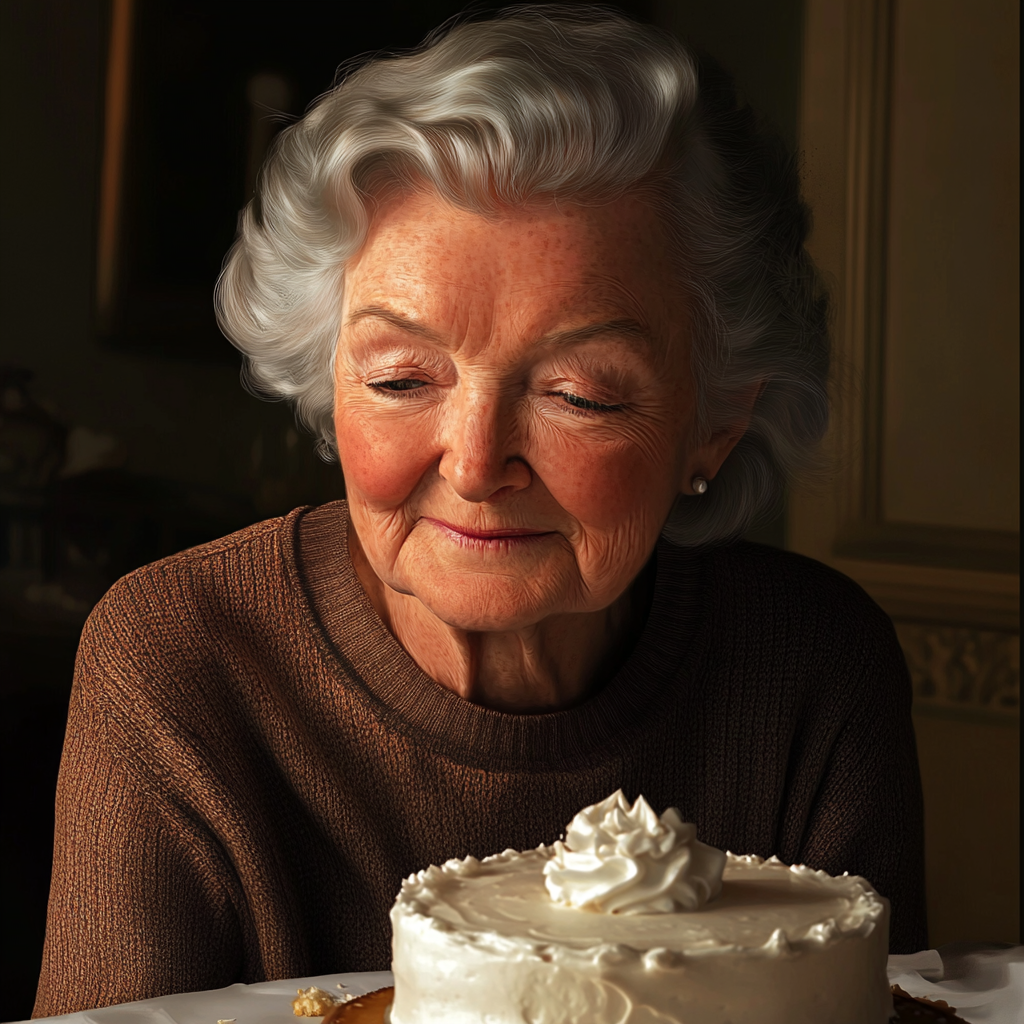 An emotional older woman smiling with her eyes downcast | Source: Midjourney