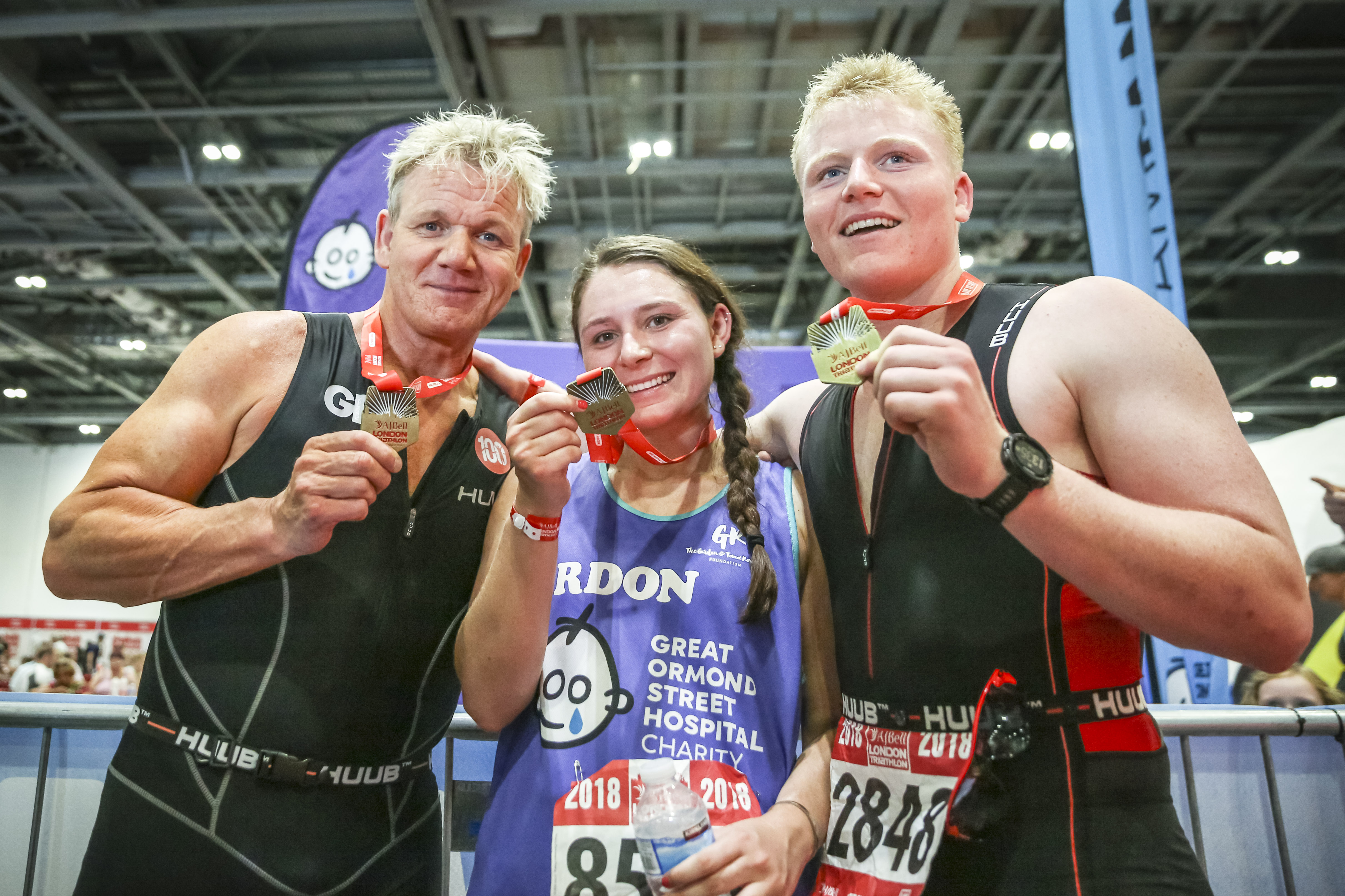 Gordon Ramsay, Megan Jane Ramsay, and Jack Scott Ramsay after successfully completing the AJ Bell Triathlon on August 4, 2018, in London, England. | Source: Getty Images