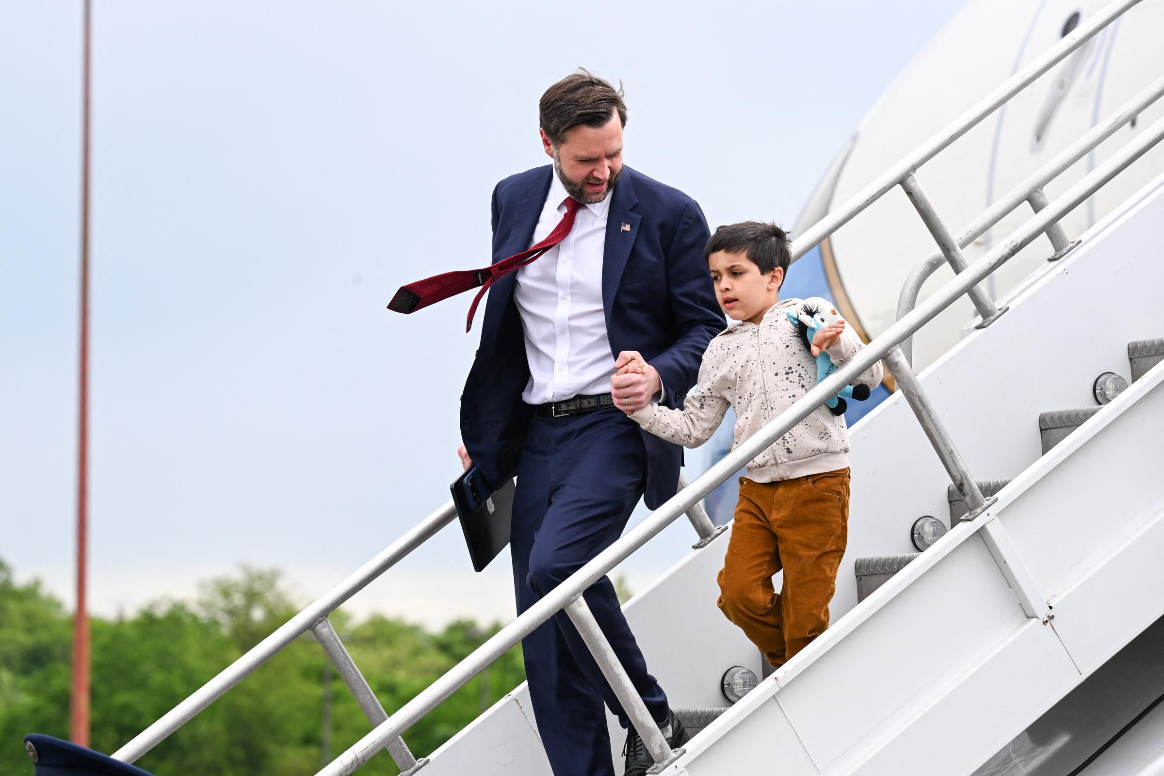 Vivek adapted more easily to life in the White House. In this photo, he and U.S. Vice President J.D. Vance exited Air Force Two upon arrival at Cincinnati/Northern Kentucky International Airport on May 5, 2026, in Hebron, Kentucky. | Source: Getty Images