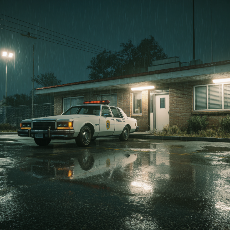 A police car outside a police station | Source: Midjourney