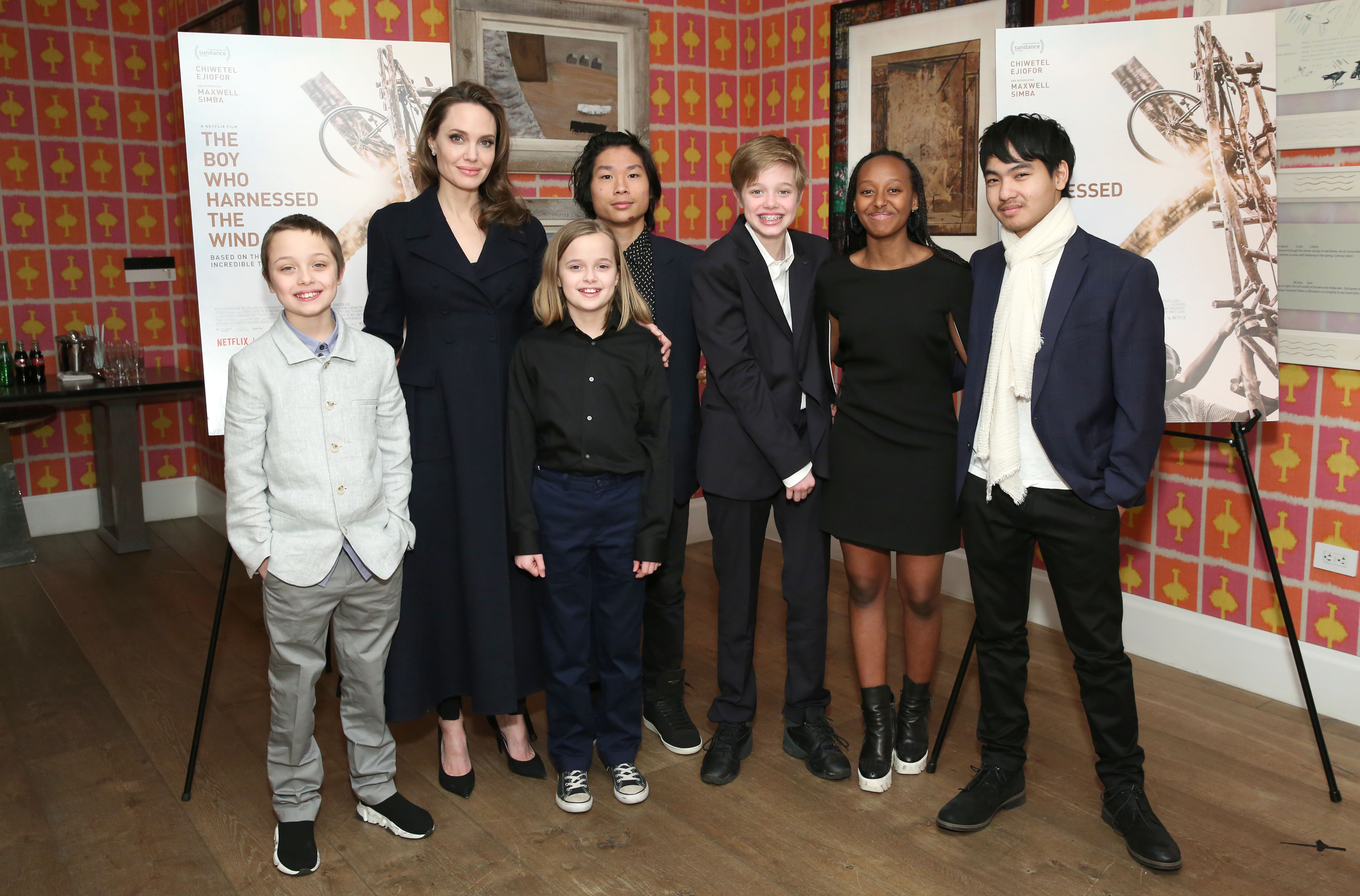 Angelina Jolie with children Knox, Vivienne, Pax, Shiloh, Zahara, and Maddox attend "The Boy Who Harnessed The Wind" Special Screening at Crosby Street Hotel on February 25, 2019 in New York City | Source: Getty Images