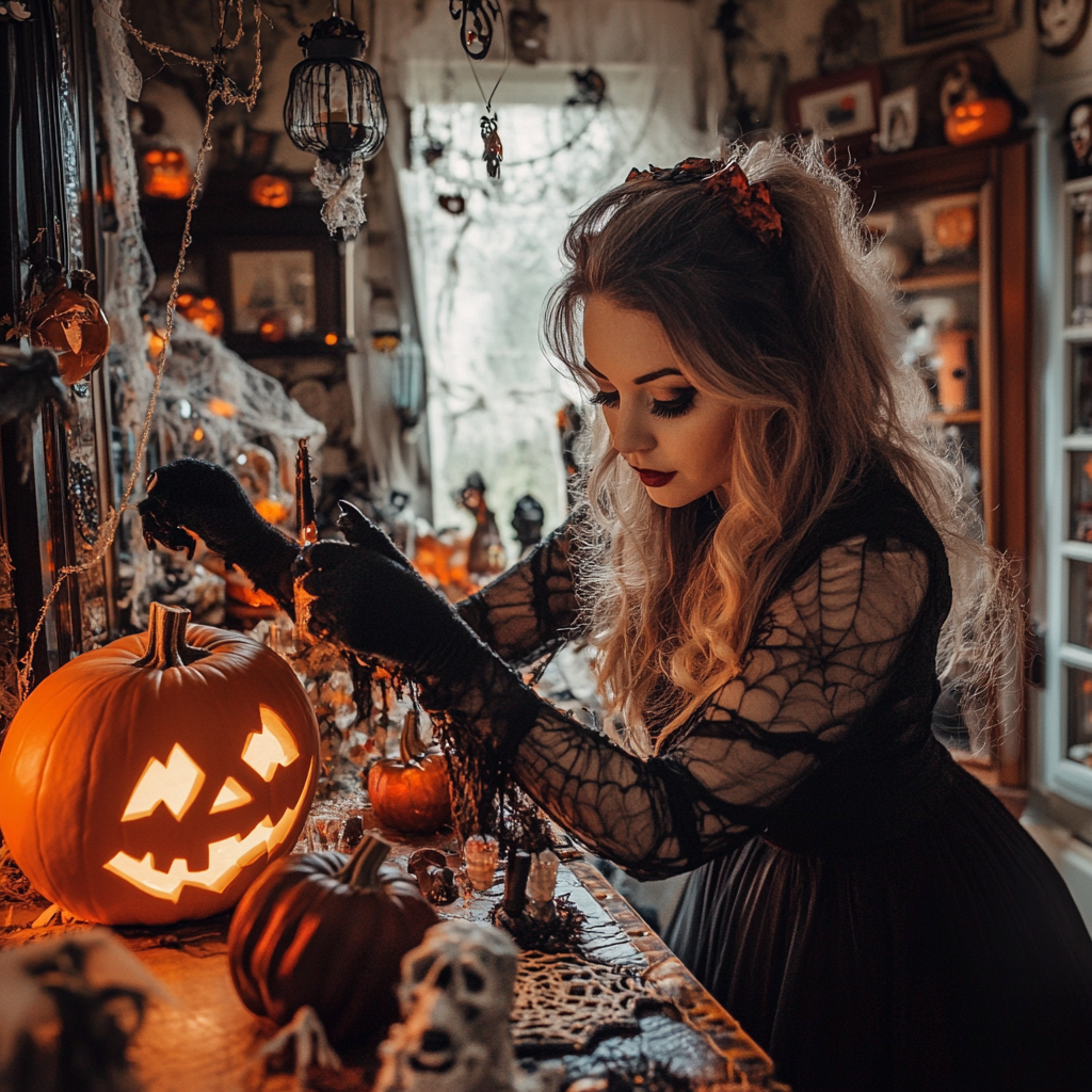 Woman decorating her house for Halloween | Source: Midjourney