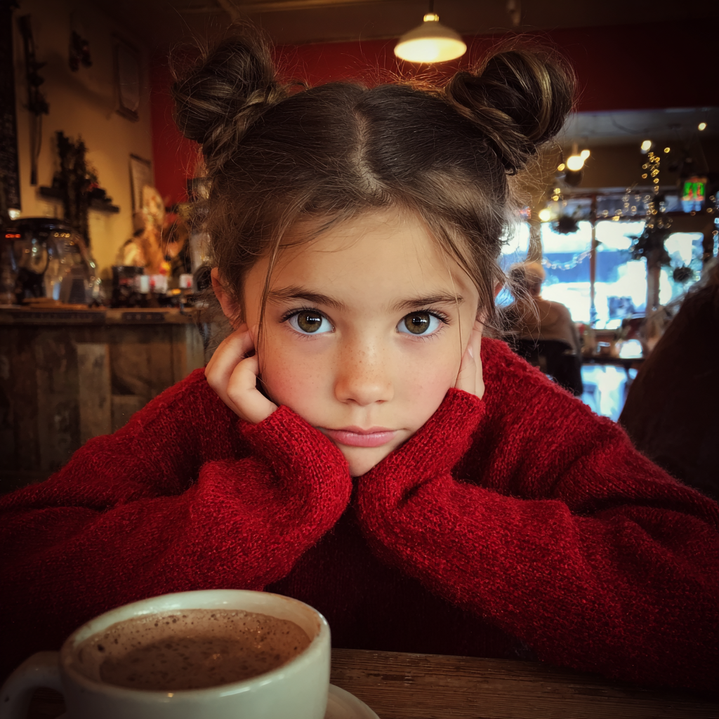 A little girl sitting in a coffee shop | Source: Midjourney