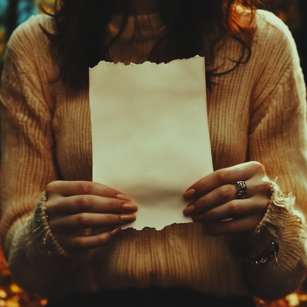 A woman holding a piece of paper | Source: Midjourney