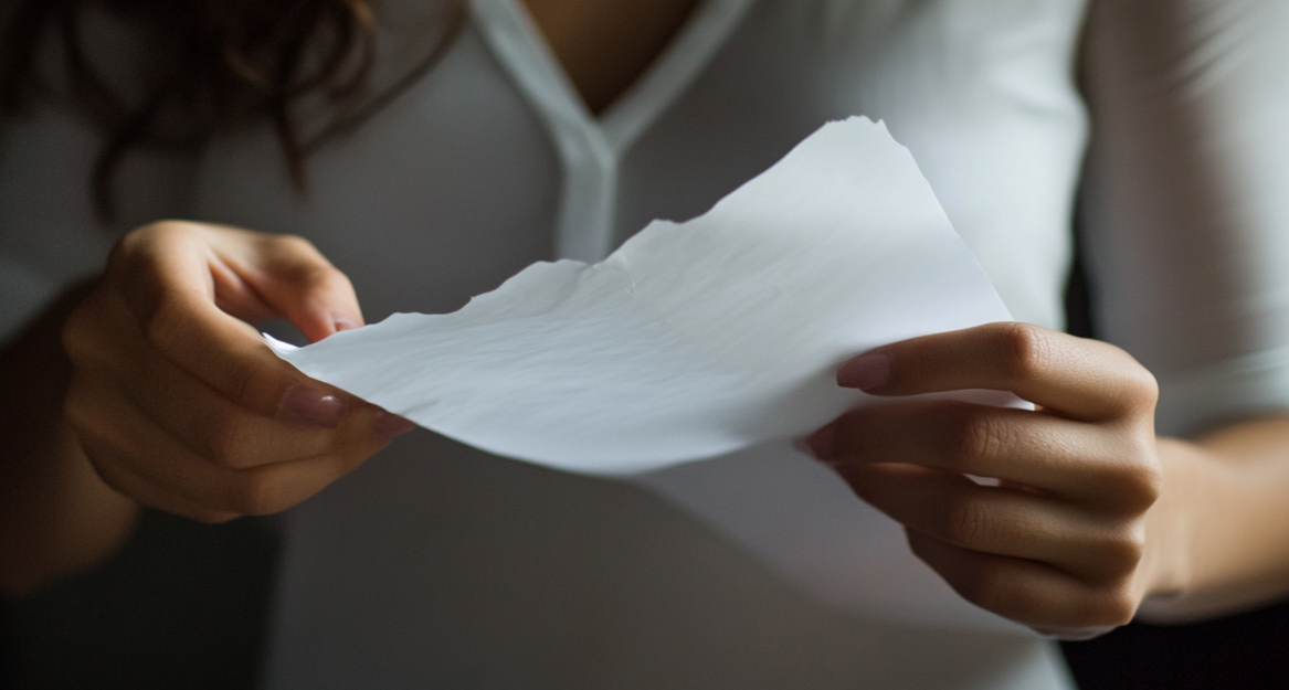 A woman unfolding a piece of paper | Source: Midjourney