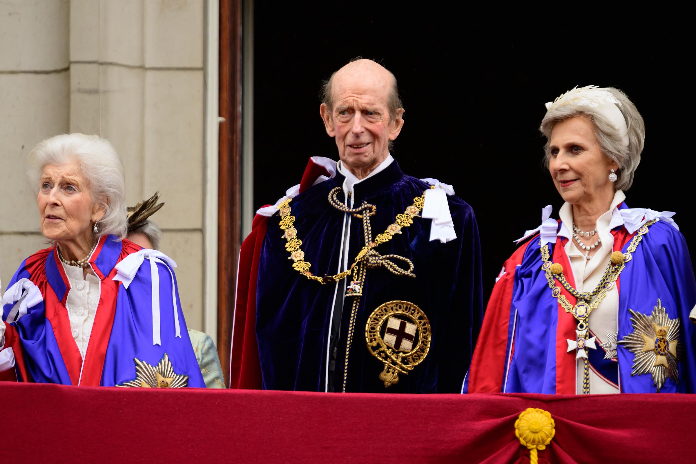 Adorned in ceremonial robes and insignia, Princess Alexandra joins the Duke of Kent and Duchess of Gloucester on the Buckingham Palace balcony following the Coronation of King Charles III and Queen Camilla on 6 May 2023. The senior royals greet the jubilant crowds below in a moment steeped in history.