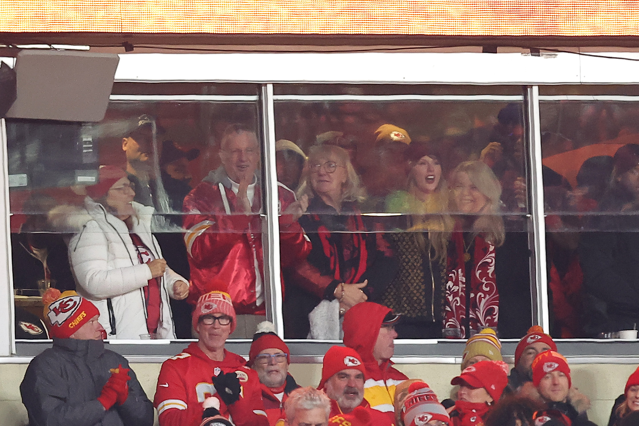 Donna Kelce, Taylor, and Andrea Swift react after a score by the Kansas City Chiefs during the fourth quarter against the Buffalo Bills in the AFC Championship Game at GEHA Field at Arrowhead Stadium in Kansas City, Missouri, on January 26, 2025 | Source: Getty Images