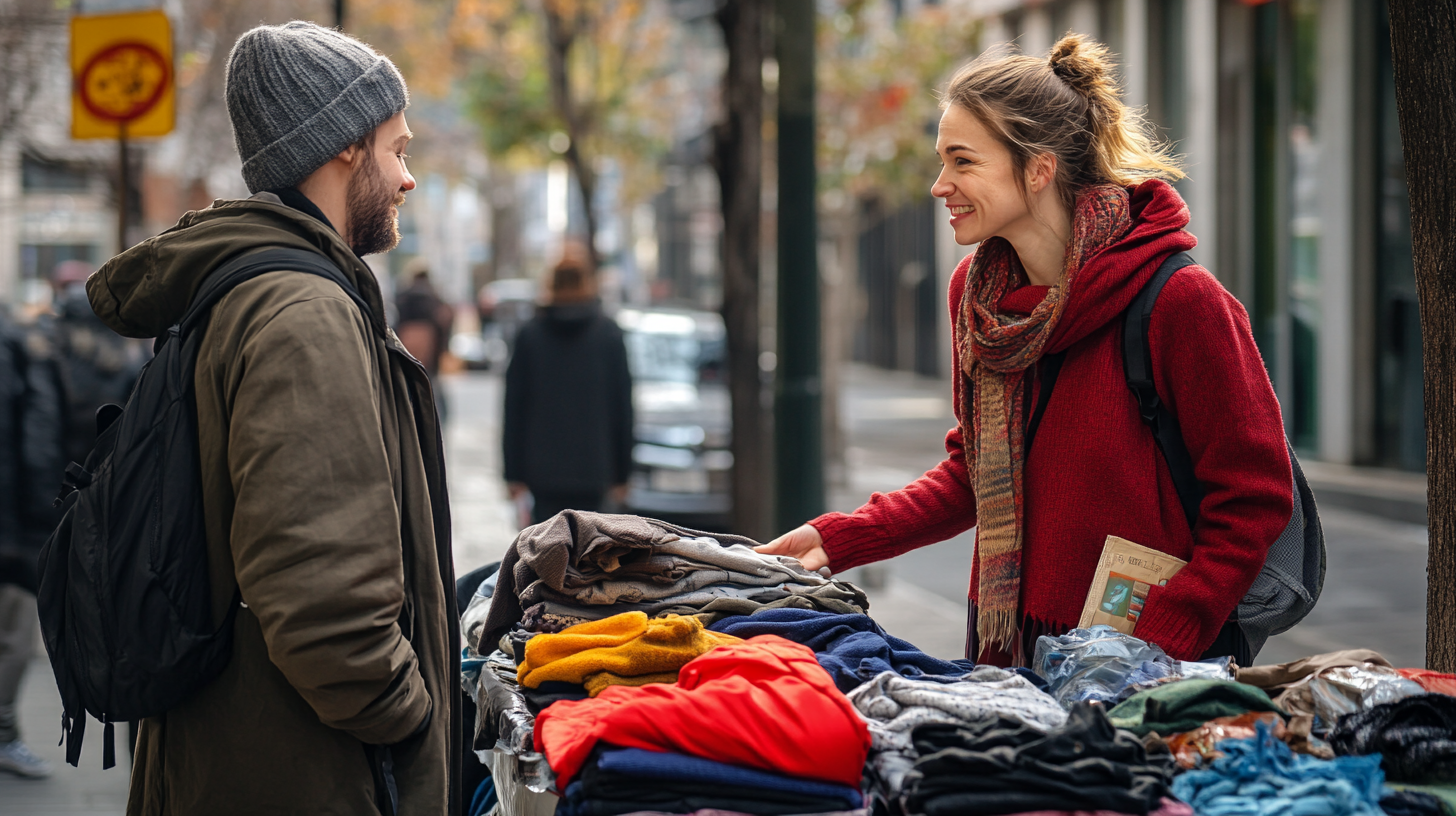 A woman giving out clothes | Source: Midjourney