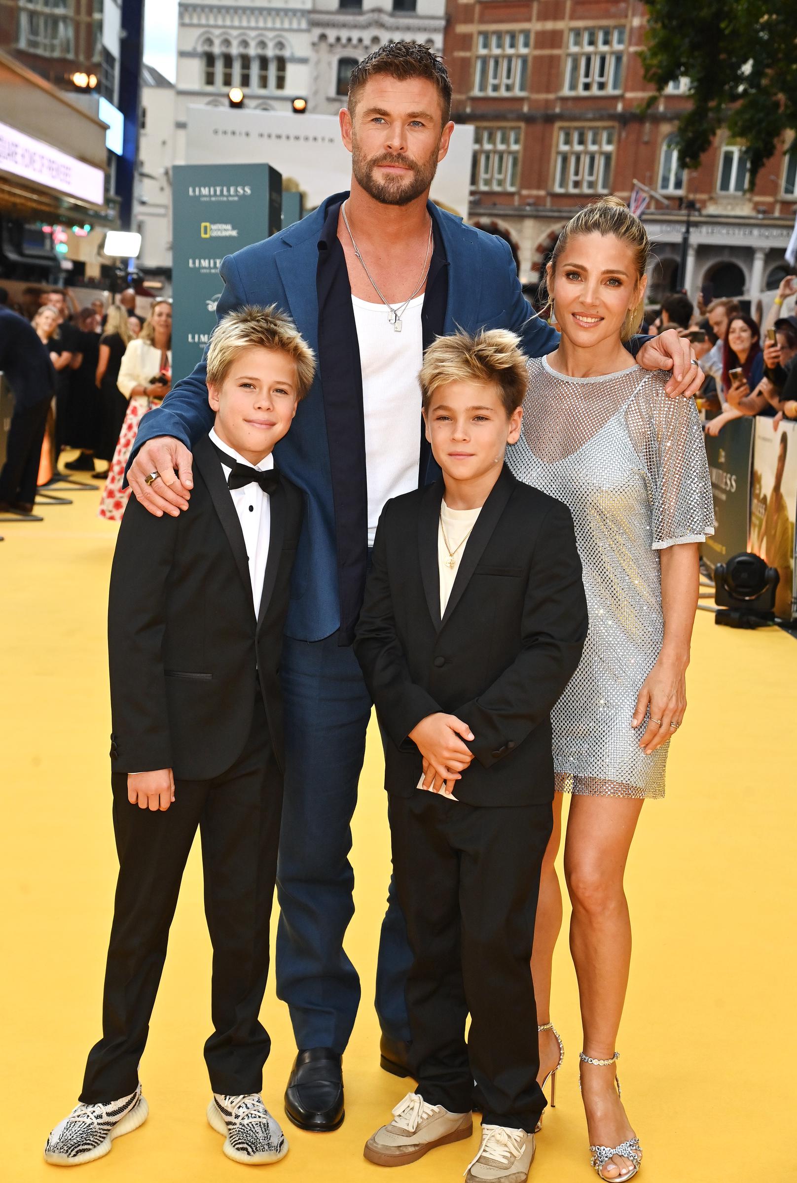 Chris Hemsworth and Elsa Pataky with their twins, Tristan and Sasha Hemsworth, at the Disney+ World premiere of "Limitless: Live Better Now" on July 17, 2025, in London, England. | Source: Getty Images