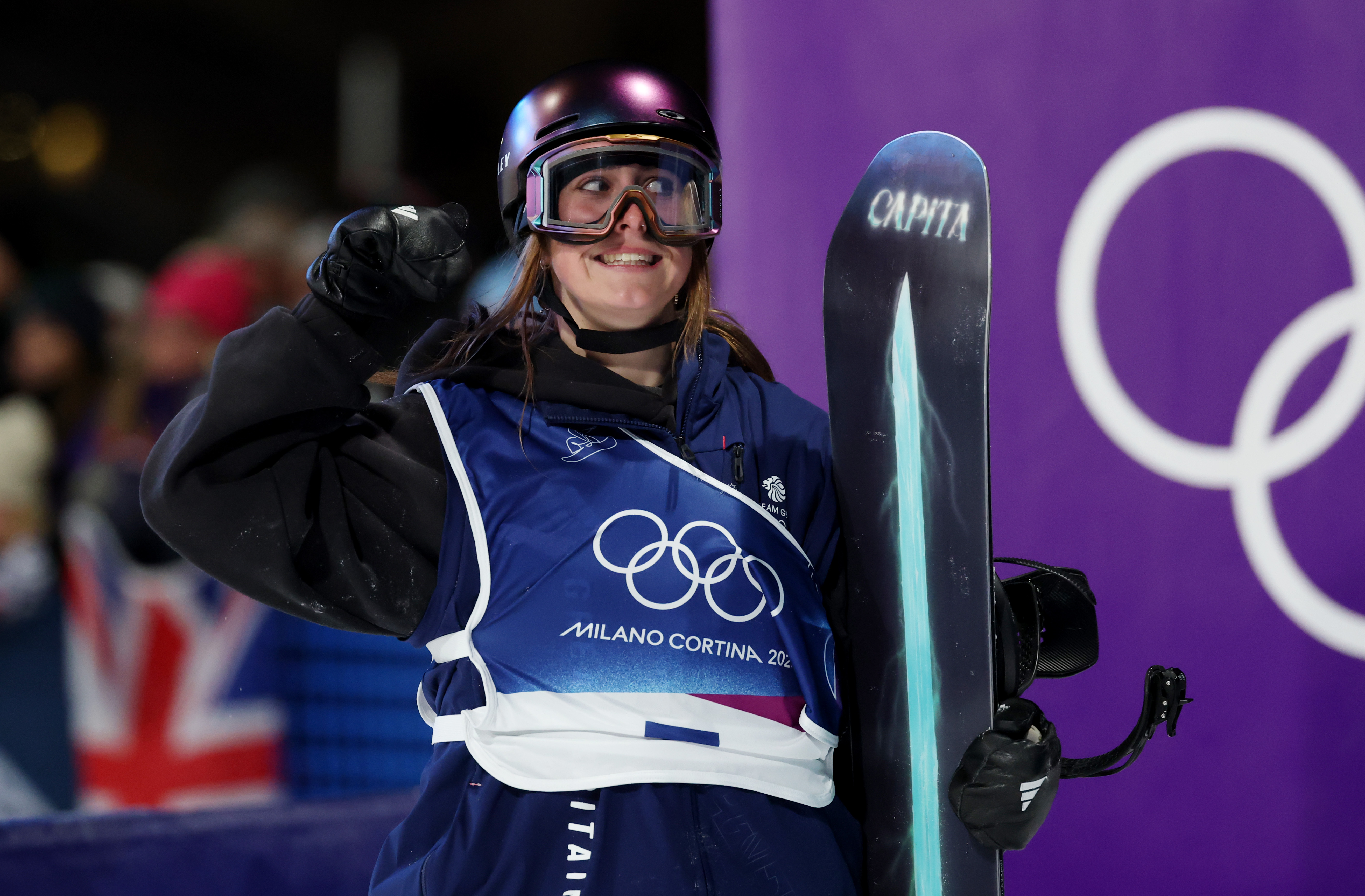 Mia Brookes reacting after competing in run one of the Women's Snowboard Big Air Qualification on Day 2 of the Milano Cortina 2026 Winter Olympic Games on February 8 in Livigno, Italy. | Source: Getty Images