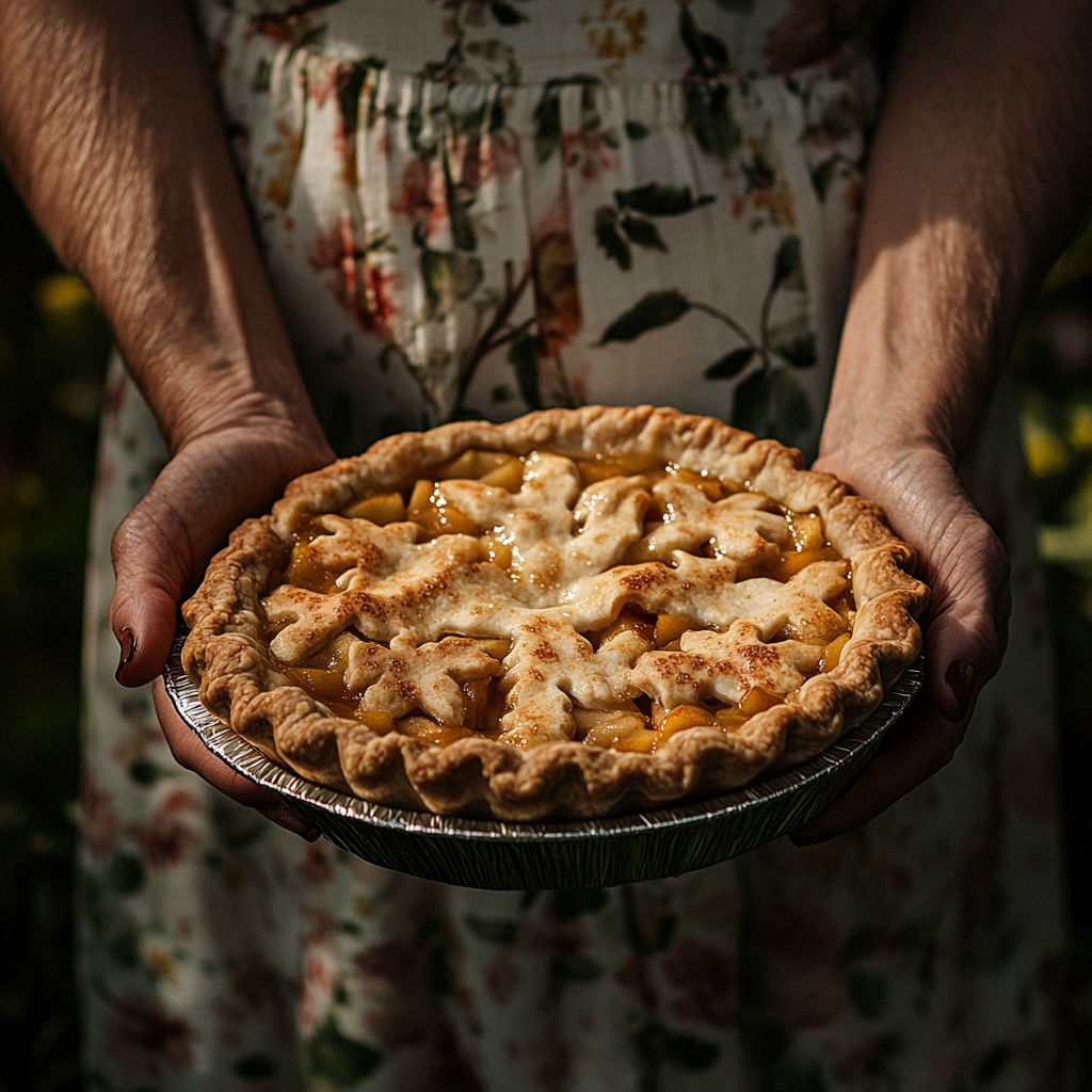 Close-up of a senior woman holding a plate of apple pie | Source: Midjourney