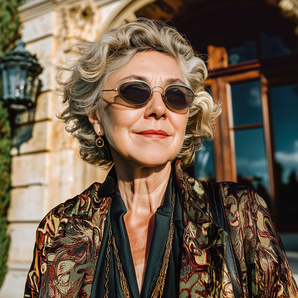 A woman smiling while standing at the entrance of her home | Source: Midjourney