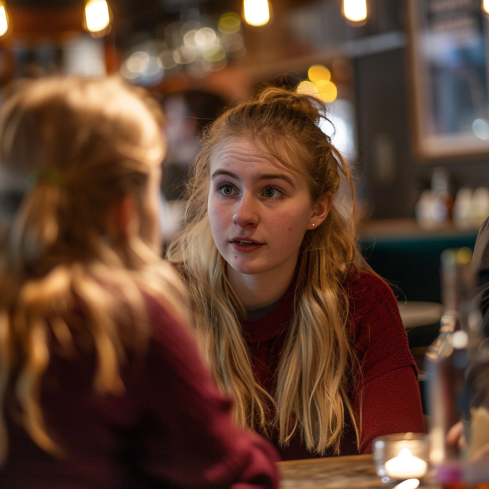 A woman talking to her sister in a restaurant | Source: Midjourney