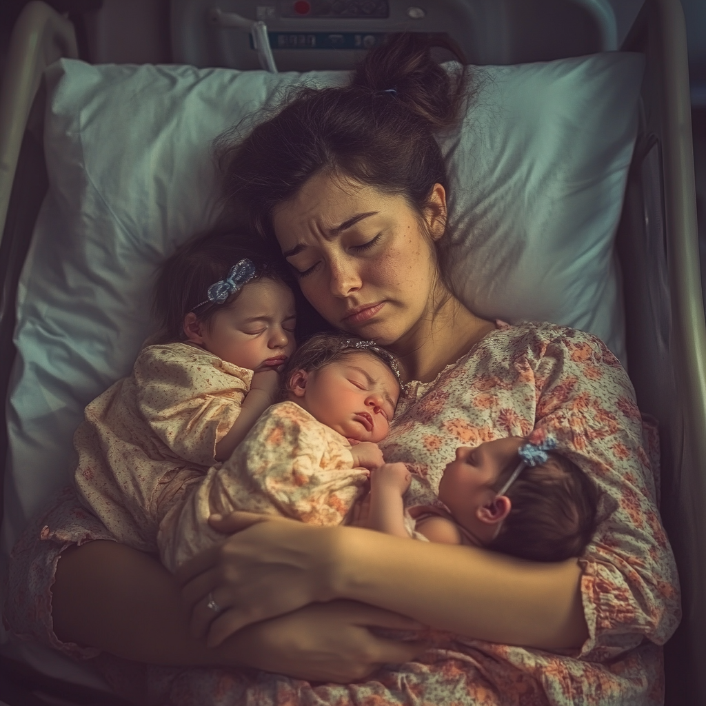 A woman cuddling her triplets | Source: Midjourney