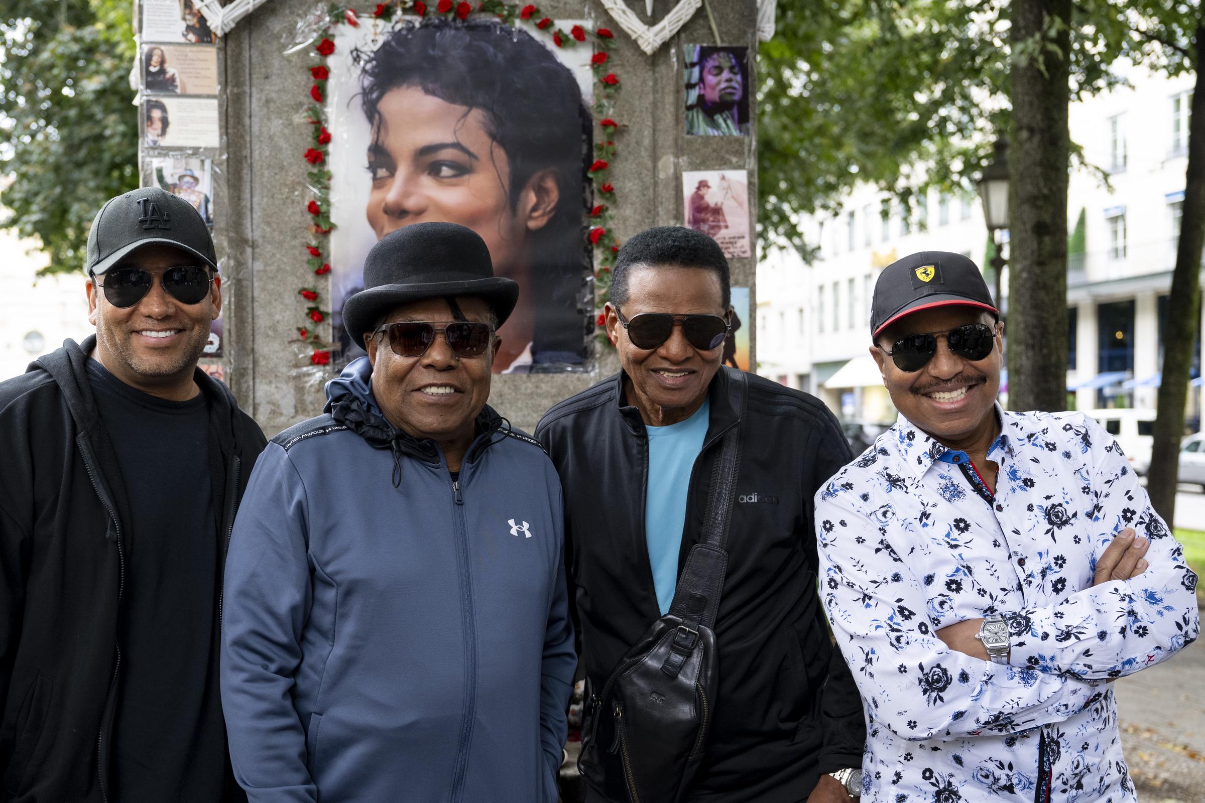 The music band "The Jacksons" with Taryll, Tito, Jackie, and Marlon Jackson in front of the Michael Jackson memorial in front of the Hotel Bayerischer Hof, on September 9, 2024 | Source: Getty Images