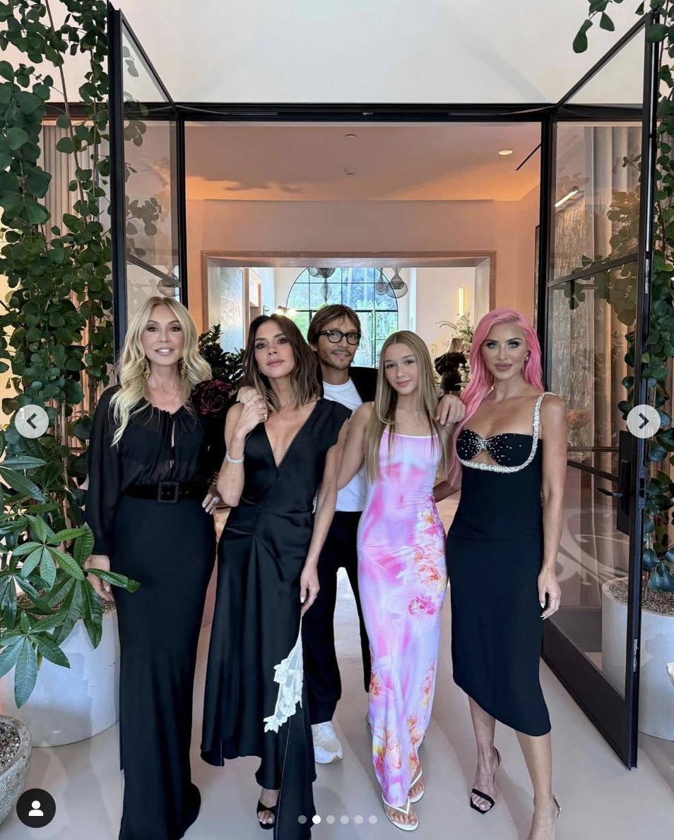 Anastasia Soare, Victoria Beckham, Ken Paves, Harper Beckham, and Claudia Norvina are seen in a photo dated October 15, 2024 | Source: Instagram/victoriabeckham