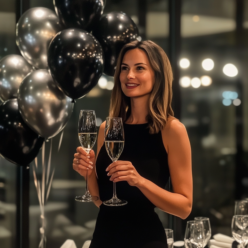 A woman holding two glasses of champagne | Source: Midjourney