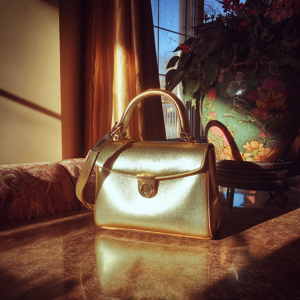 A gold handbag on a table | Source: Midjourney
