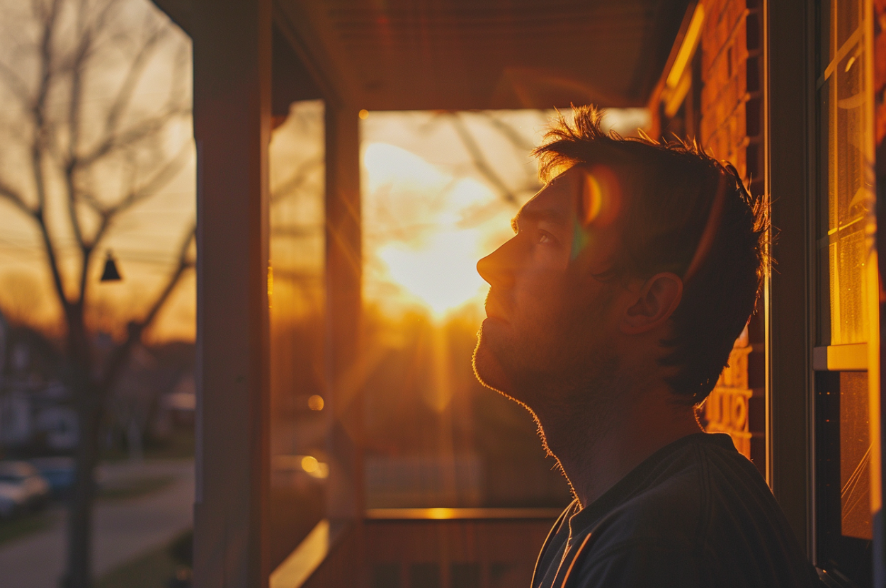 A man sitting on his porch at sunset | Source: Midjourney