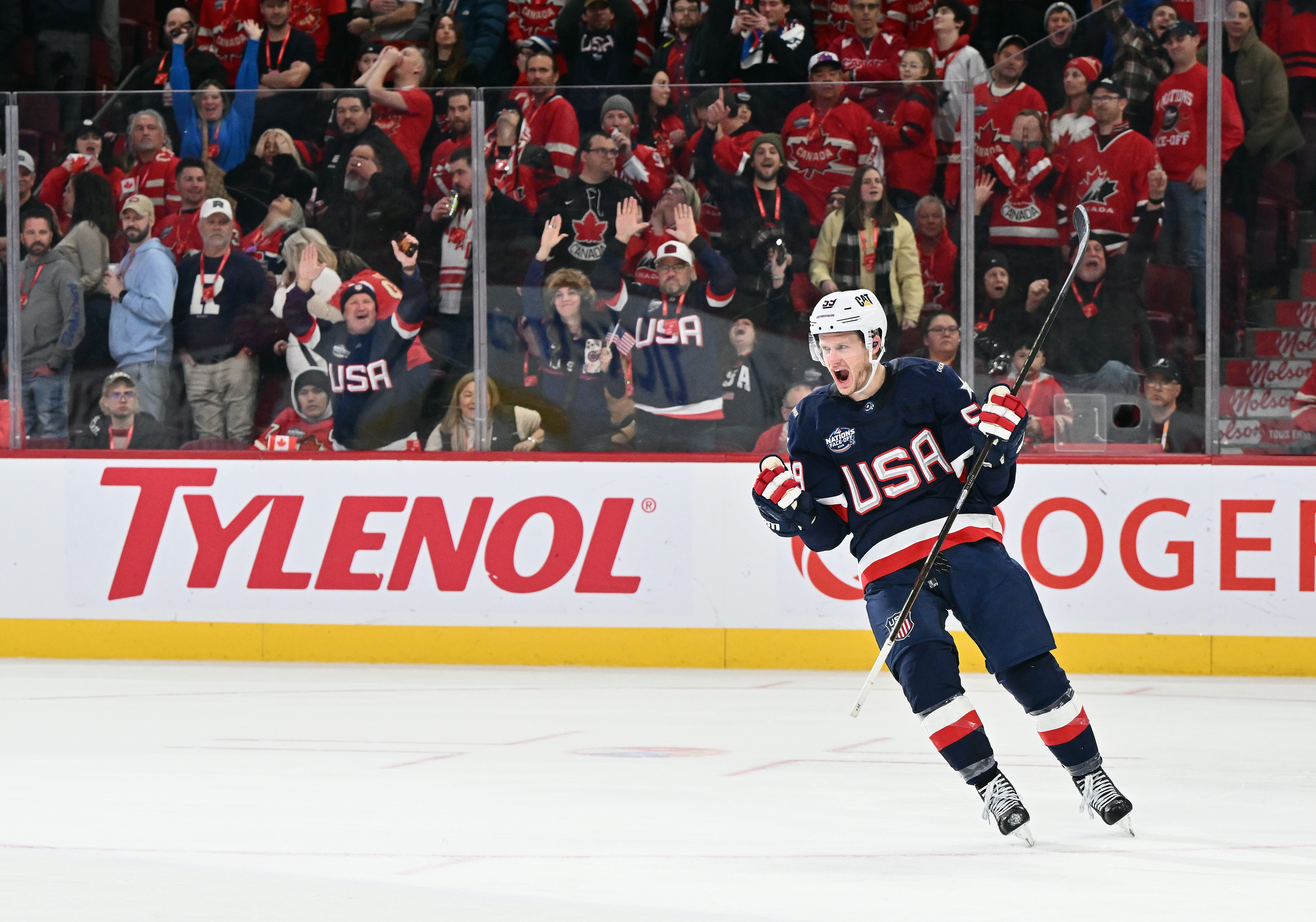 Jake Guentzel #59 of Team USA scores an empty net goal against Team Canada in the 4 Nations Face-Off game at the Bell Centre on February 15, 2025, in Montreal, Quebec, Canada | Source: Getty Images